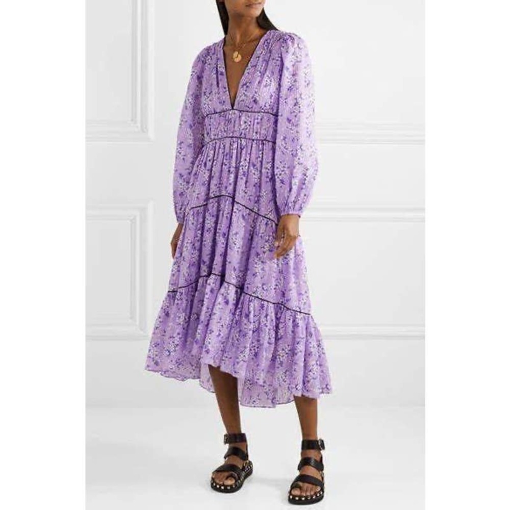 Ulla Johnson Joan Lilac Purple Floral Print V-Neck Tiered Silk Midi Dress Size 6